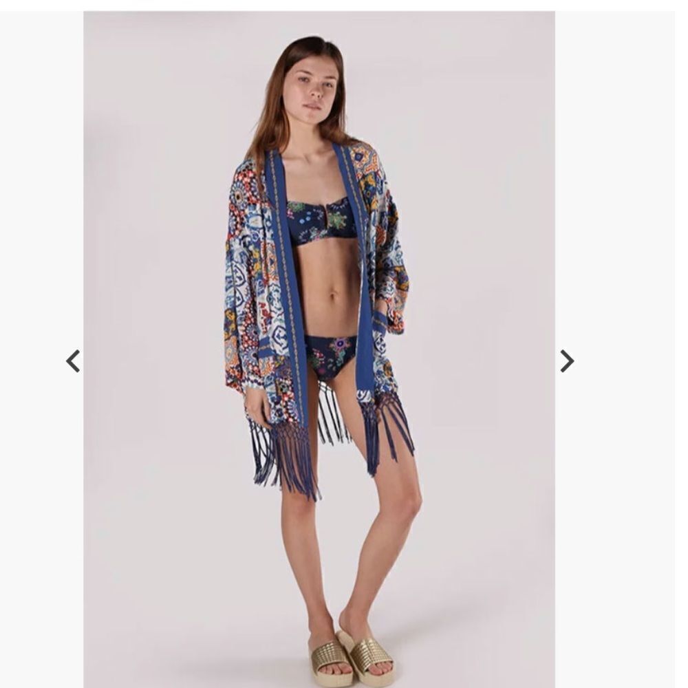 Desigual kimono beachy blouse, multi color, fringe, size L - Picture 7 of 14